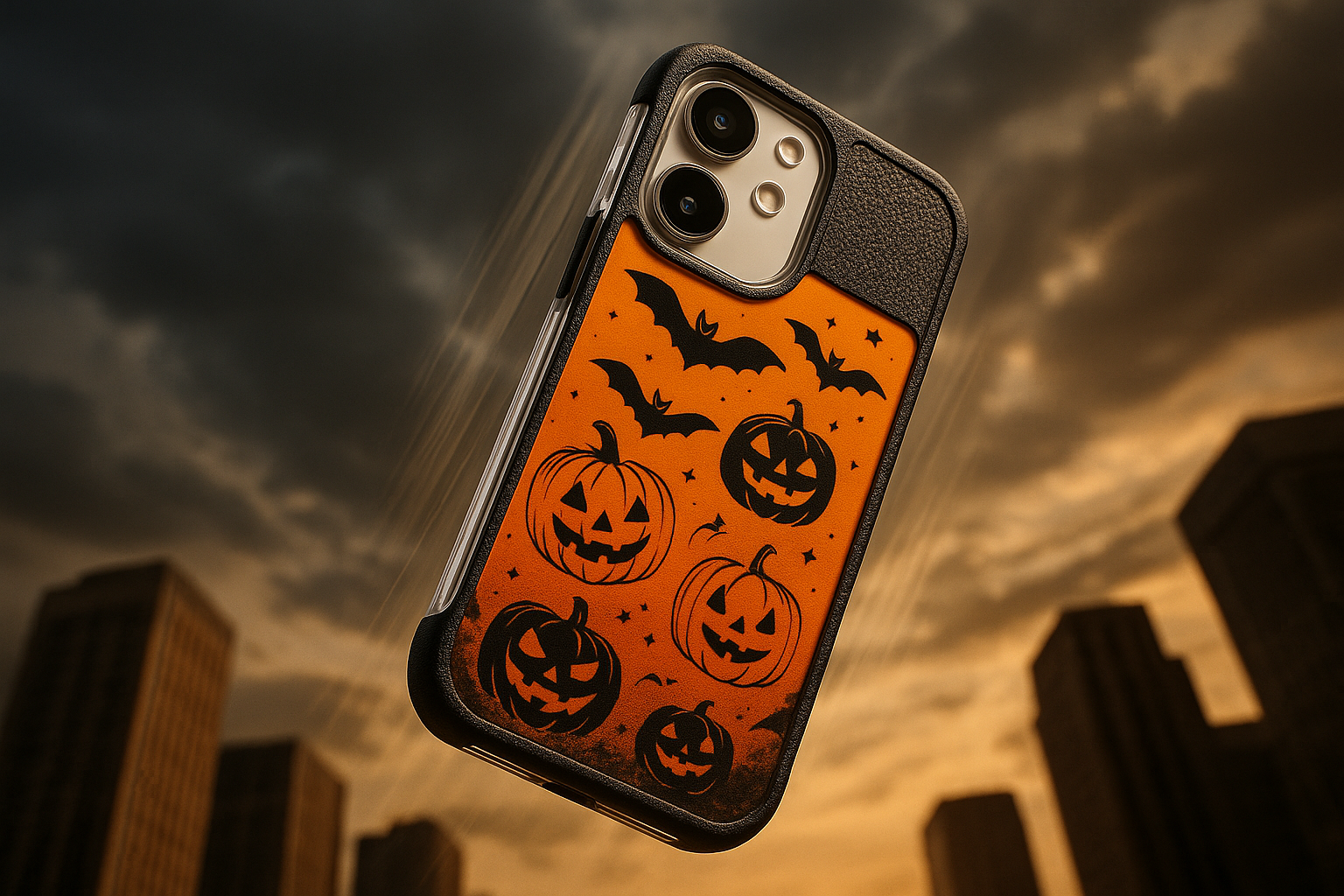 a phone with halloween them phone case drop form high floor with two struction phone case materials 