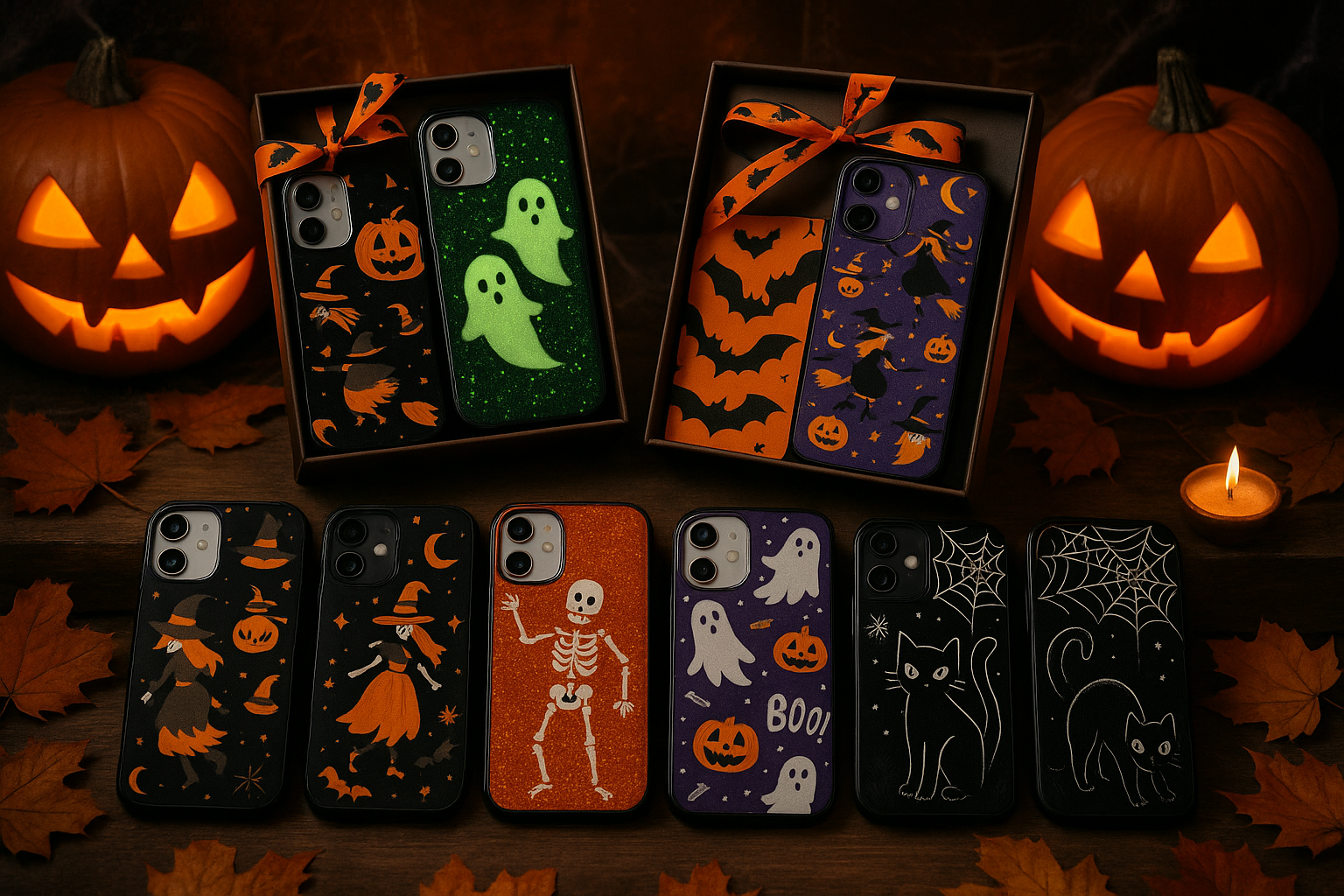 a various of Halloween phone cases as halloween gifts with halloween background 